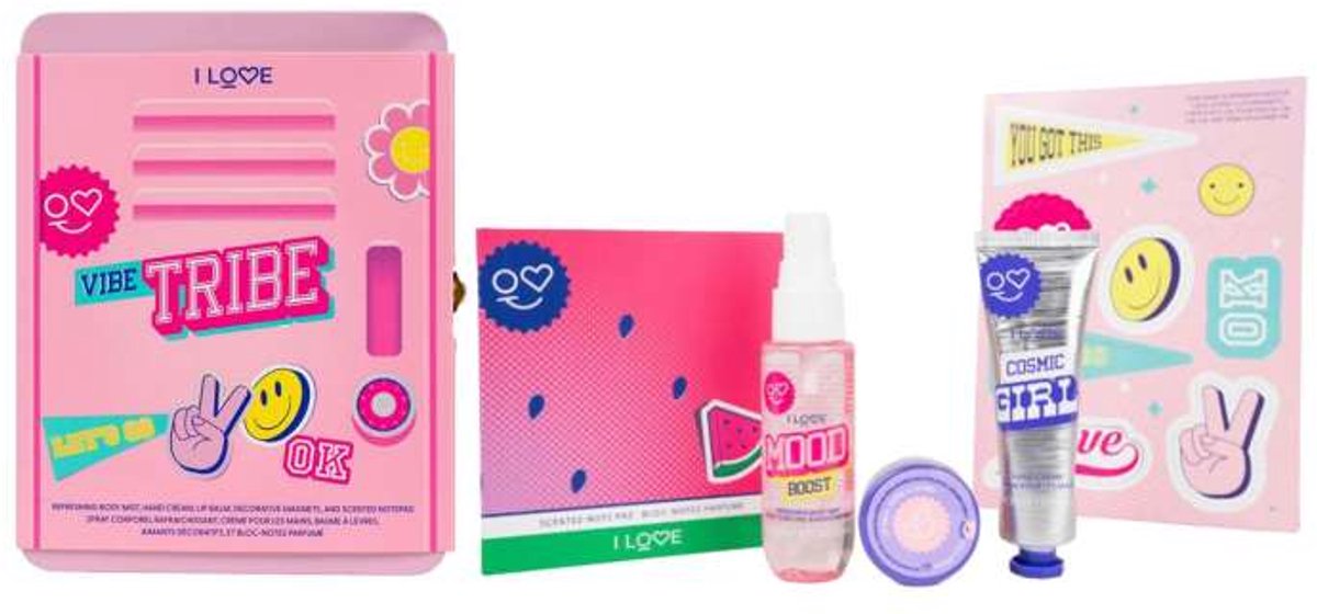 I LOVE Vibe Tribe Giftset – Body Mist 40 ml, Handcrème 30 ml, Lip Balm, Magneten & Sticky Notes