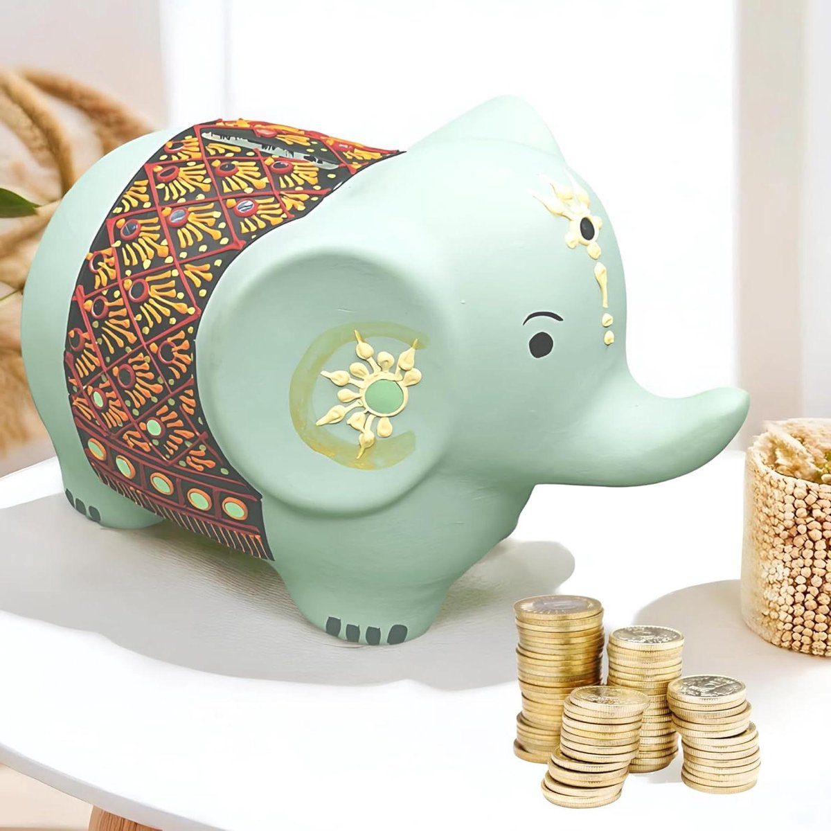 Olifant Spaarvarken - Spaarpot Keramiek - Geld Besparen - Handgeschilderd Decoratief - 18.5x10.5x12 cm - Mintgroen