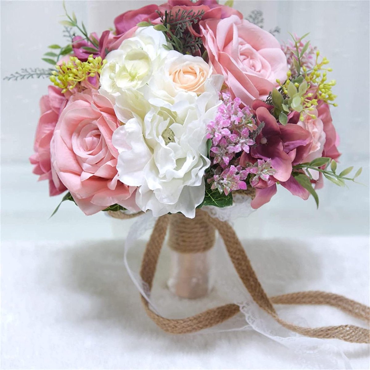 Bruidsboeket - Kunstbloemen - Bruiloft Decoratie - Handgemaakt Ontwerp - 25 cm Diameter - Roze