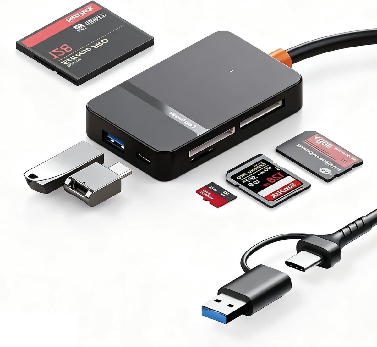 8-in-1 SD Kaartlezer met USB C 3.0, 4 Kaartsleuven en 2 USB Poorten voor Laptop, MacBook en Tablet, Ideaal voor Geheugenkaarten en Bestanden Overzetten