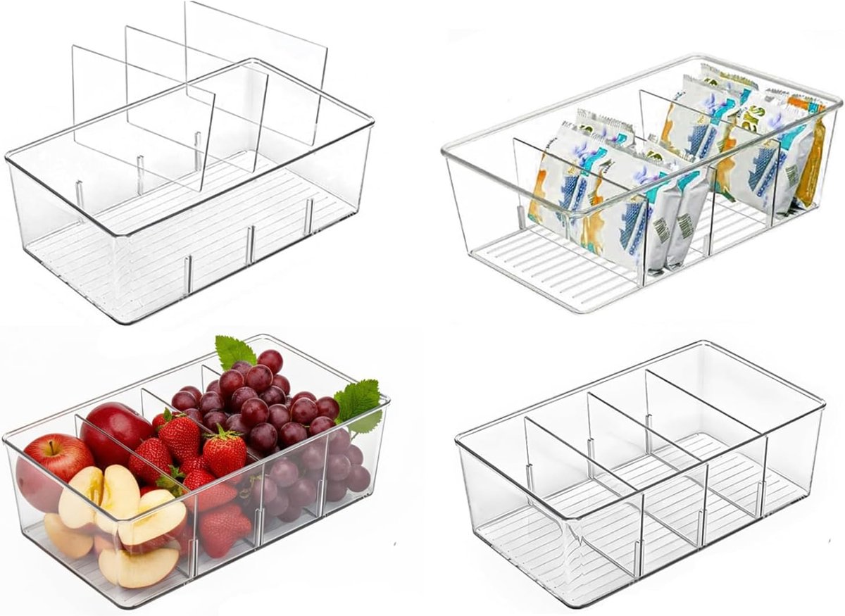 Opbergdoos - Opbergmand - Opbergbak met 4 Vakken - Kunststof Organizer voor Keuken, Koelkast en Kantoor - Met Verwijderbare Verdelers - 26,5x15,5x8,9 cm - 4 stuks