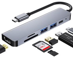 6-in-1 USB C Multiport Hub Adapter for MacBook Pro - Type C to HDMI with Card Reader 87W PD 4K Compatible with Laptops and Devices (Grey)