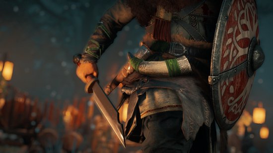 Een Viking met een zwaard en schild in een kampvuurscène.