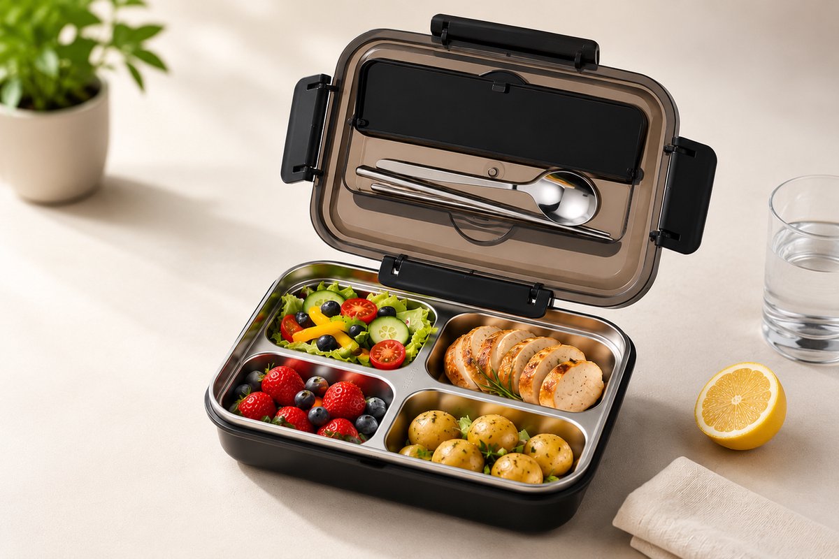 Dutchers® Lunchbox Roestvrij Staal – incl. Bestekset - BPA-vrij – Met Deksel, Bestekvak & Telefoonhouder - Bento Box – Blauwe RVS Broodtrommel voor Kinderen & Volwassenen – - Mealprep - Duurzame Lunchdoos voor School & Werk - Zwart