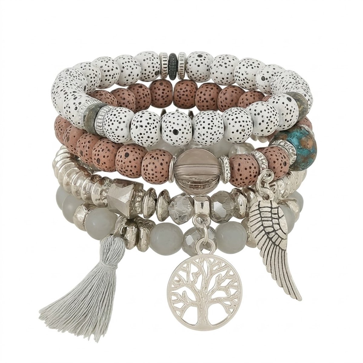 4-delige Armbanden set voor dames – Elastische Kralenarmbanden met Charms & Natuurlijke Accenten