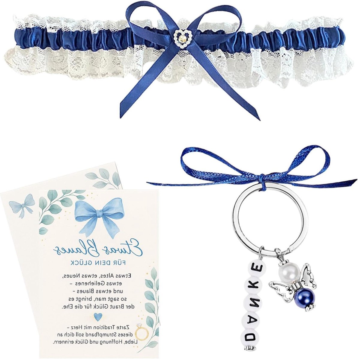 Bruids kousenband - Trouwaccessoire - Bruiloft decoratie - Met beschermengel - 189 cm - Blauw
