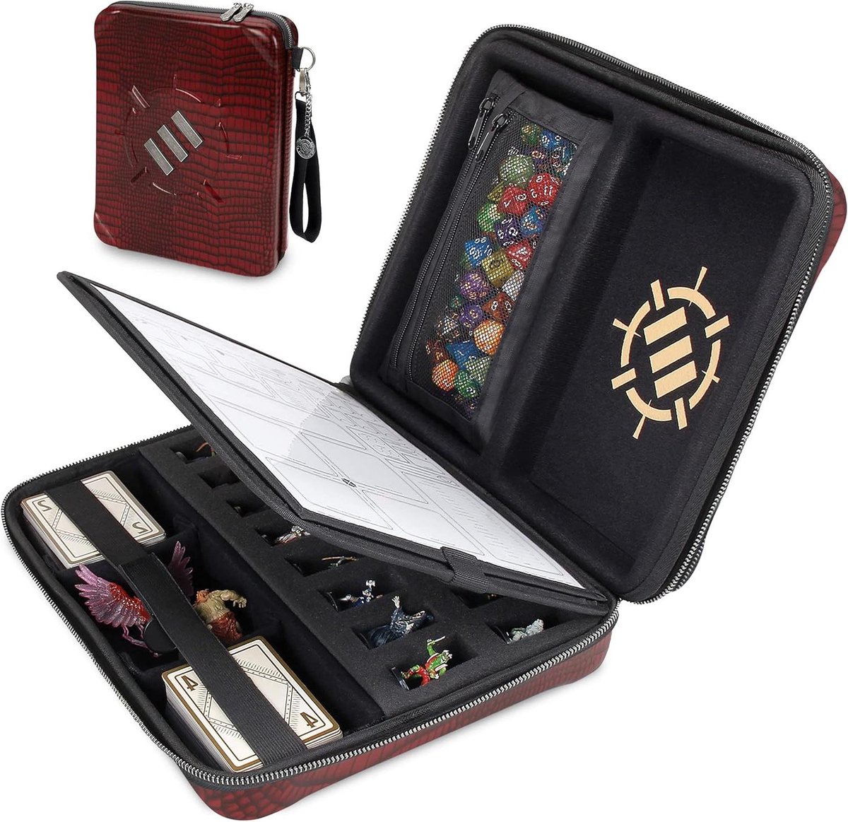 RPG Organizer - Spel Opberger - Dobbelspel Opslag - Uitwisbaar Karakterblad - Ruimte voor 16 miniaturen - Draak Rood