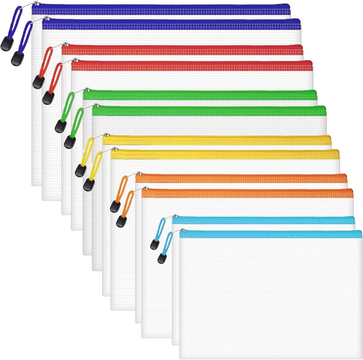 Set van 12 Mesh Plastic Zipper Tassen - Ideaal voor School, Thuis, Kantoor, Reizen en Cosmetica in 6 Maten