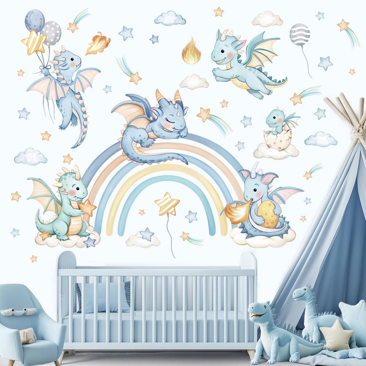 IMstore - Wandstickers - Kinderen - Magische Sfeer - Blauw - Draak en Regenboog - Muurdecoratie voor Jongens - Baby- en Kinderkamer