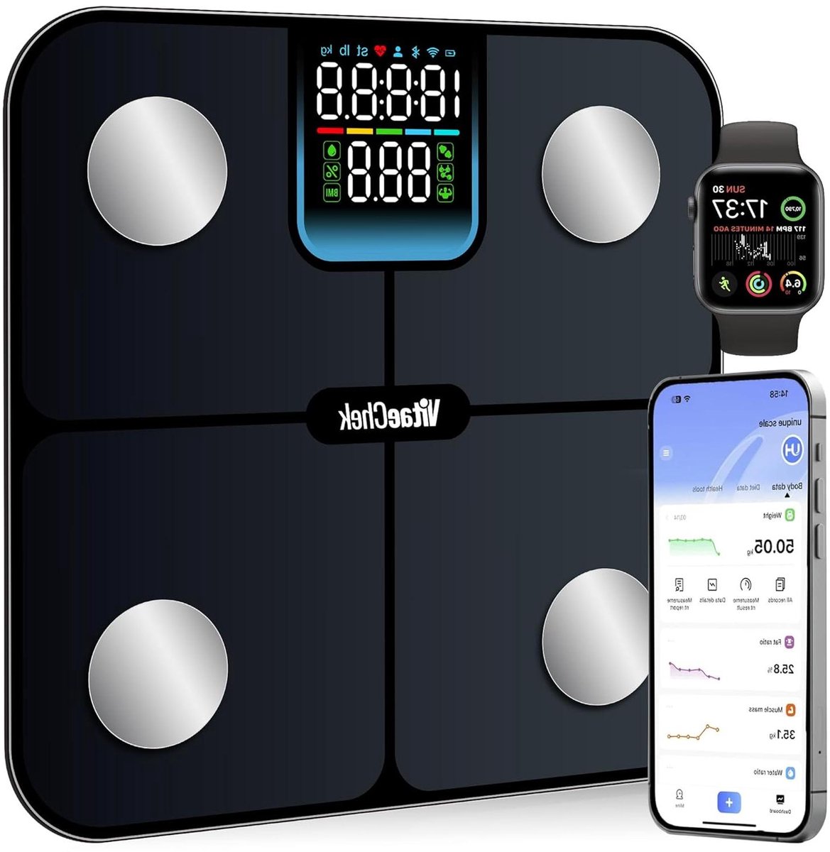 Slimme weegschaal - Lichaamsanalyse - Gezondheid monitoren - Gratis app connectie - 30 cm - Zwart