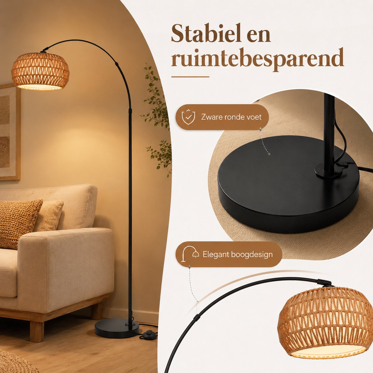 Rosnek Slimme Booglamp met Rotan Kap - Traploos Dimbare Arc Vloerlamp - E27-fitting - Zware Marmeren Voet - Bohemian & Industrieel - Bediening via App thumbnail 6