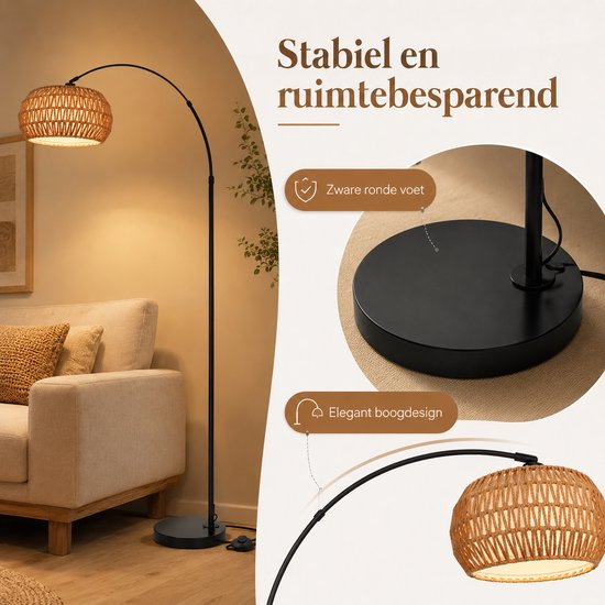 Rosnek Slimme Booglamp met Rotan Kap - Traploos Dimbare Arc Vloerlamp - E27-fitting - Zware Marmeren Voet - Bohemian & Industrieel - Bediening via App