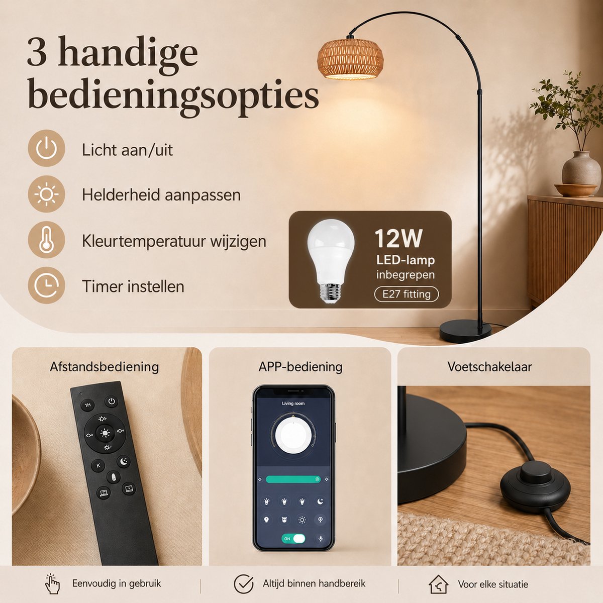 Rosnek Rotan Booglamp Zwart - Dimbare Vloerlamp met Afstandsbediening en App - Grote Staande Lamp voor Woonkamer over Bank - Slimme LED Sfeerlamp met lamp, E27-fitting thumbnail 4