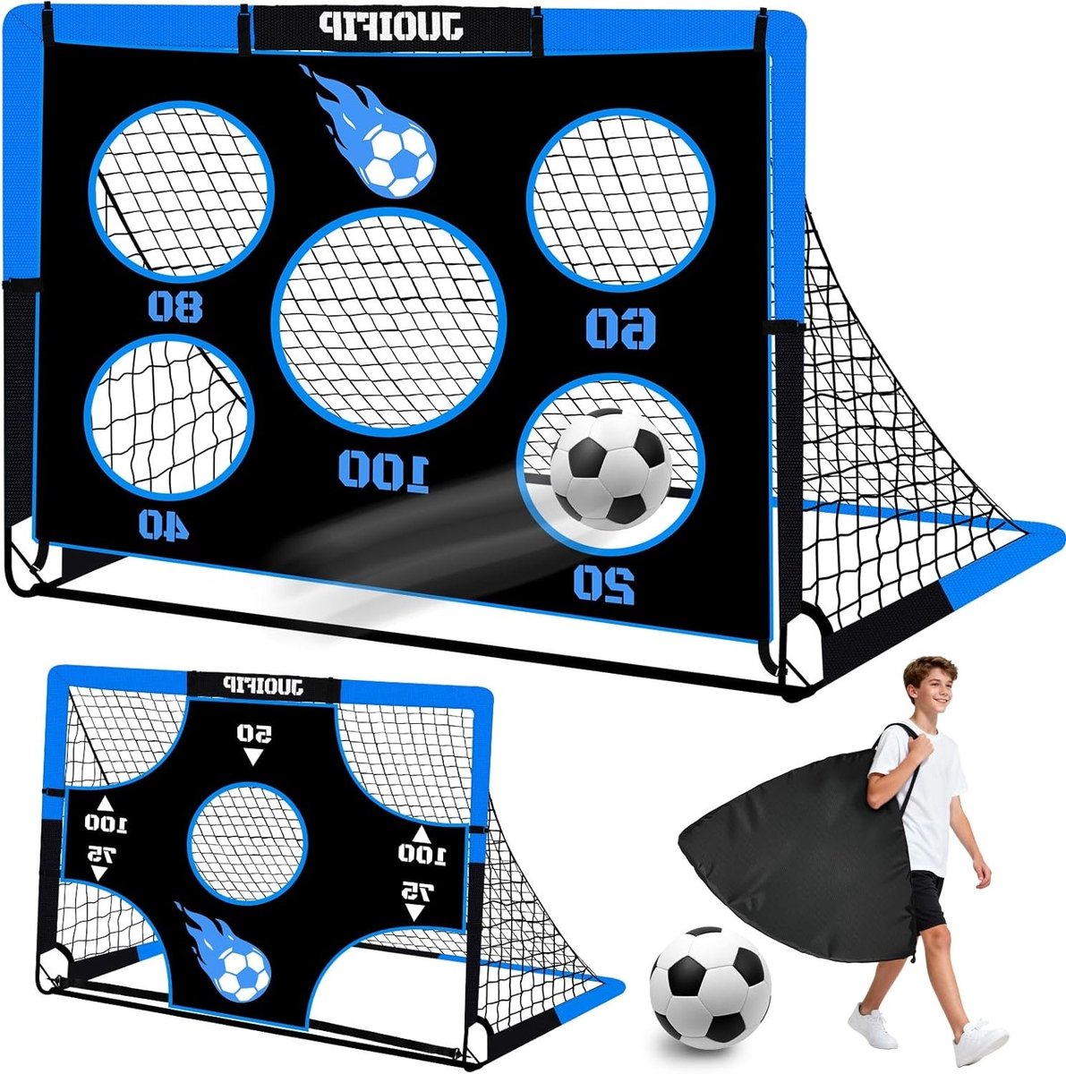 3-in-1 Voetbaldoelen voor Kinderen, 150 x 120 cm, Tuin Goal Posts met Interchangebare Doeken, Inclusief Bal en Draagtas, Eenvoudige Montage en Opvouwbaar, Perfect voor Buitenactiviteiten en Sportplezier
