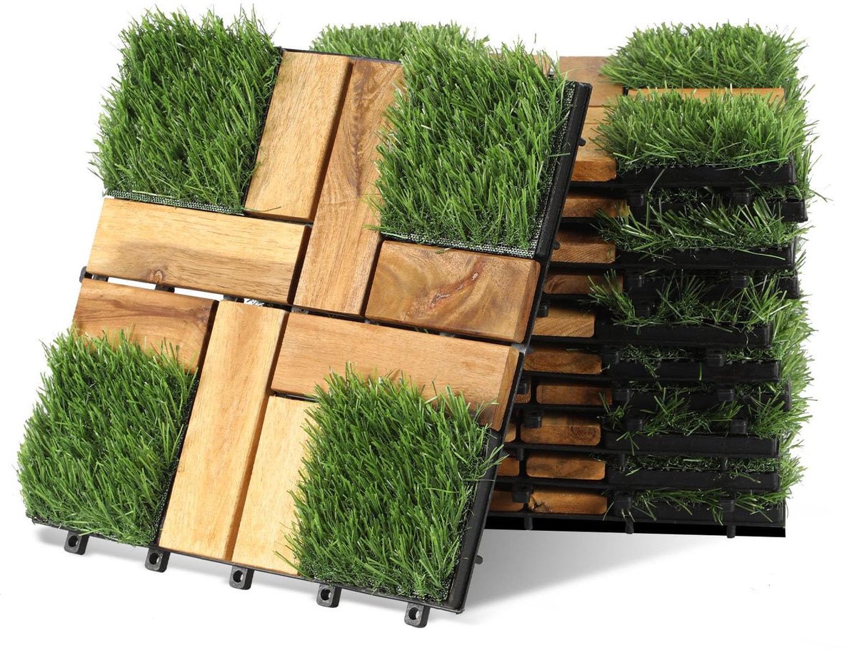 Houten tegels - Vloertegels terras - Buiten vloer - FSC-gecertificeerd acaciahout - 30 x 30 cm - Gras