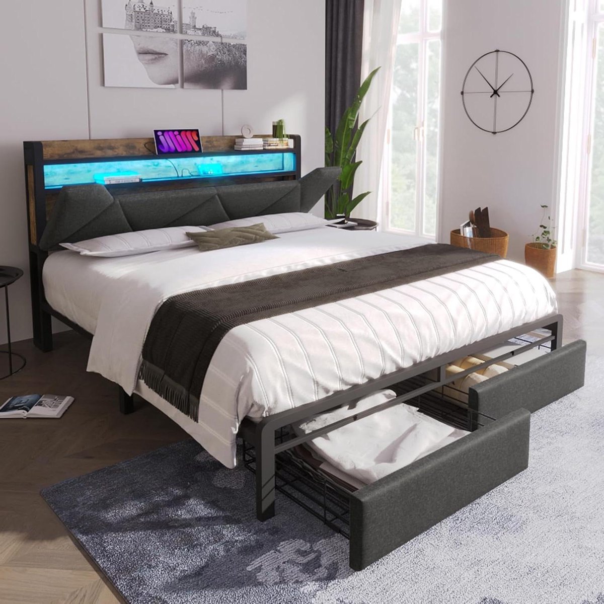 Gestoffeerd Bed - Tweepersoonsframe - Opbergen & Slapen - Met Lades - 160x200 cm - Grijs
