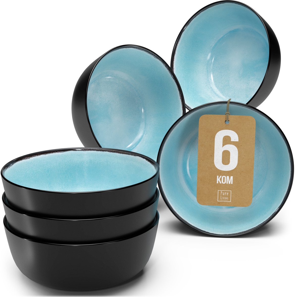 Pure Living Set Van 6 Kommen - 700ml - Aquamarijn - Aardewerk - Vaatwasserbestendig - Magnetronbestendig - Ibiza Dark