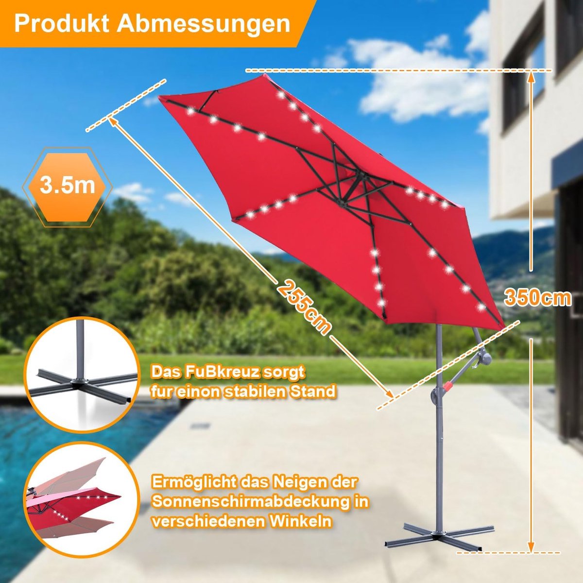 Zweefparasols - 350CM - Solar LED Verlichting 32x Wit - UV 50+ bescherming (blokkeert 98% UV) - Multi-angle Kantelbaar & Draaibaar - Windbestendig frame 8 Ribben - Incl. Kruisvoet - Waterafstotend doek Rood – foto 4