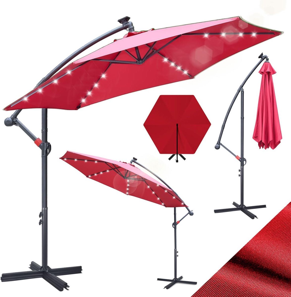 Zweefparasols - 350CM - Solar LED Verlichting 32x Wit - UV 50+ bescherming (blokkeert 98% UV) - Multi-angle Kantelbaar & Draaibaar - Windbestendig frame 8 Ribben - Incl. Kruisvoet - Waterafstotend doek Rood – foto 2