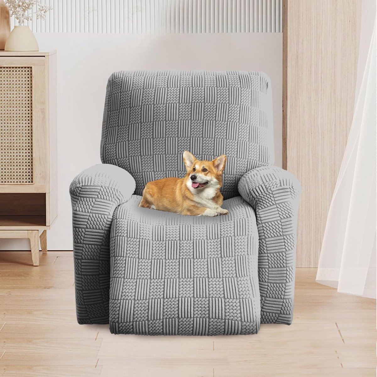 Recliner Stoelhoes Stretch - Elastische 4-delige Bescherming voor Relaxstoelen - Antislip en Hoog Rekbare Hoes in Lichtgrijs Gestreept Design