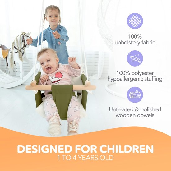 Houten babyschommel binnen, buiten, tuin. Babyschommel met veiligheidsgordel. Babyschommel voor binnen vanaf 12 maanden. Kinderzwaaideur, kamerschommel voor peuters, groen. van Dokon — afbeelding 2