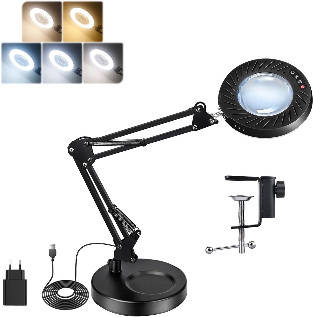 Vergrootglas met licht en standaard voor handwerk en hobby - 12x vergroting - 5 kleuren - 9 helderheidsniveaus