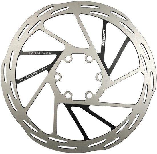 Zilverkleurige SRAM PACELINE 160mm remschijf, minimaal 1.55mm dik, met 6 boutgaten.