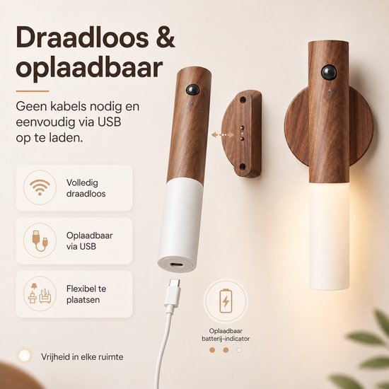 Maomi™ LED Wandlamp met Bewegingssensor - Magnetisch & Draadloos - Houtlook - Nachtlampje - Wandlamp Oplaadbaar - Bedlampje van Merkloos — afbeelding 3