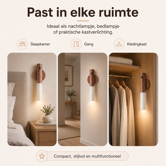 Maomi™ LED Wandlamp met Bewegingssensor - Magnetisch & Draadloos - Houtlook - Nachtlampje - Wandlamp Oplaadbaar - Bedlampje van Merkloos — afbeelding 5