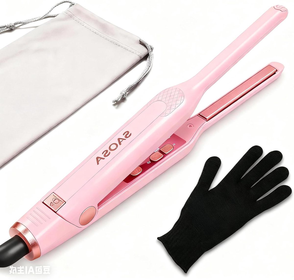 SAOSA Mini Hair Straightener, 2-in-1 Small Hair Straightener for Short Hair to Curl and Straight, Ceramic Heating Plate, Double Feed, 90-220°C, with Glove, Pink