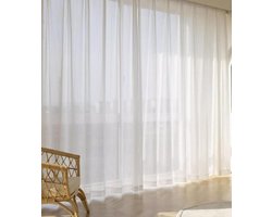 Daesar 2 panelen voile gordijnen 160 cm lang, haken tule gordijnen effen kleur gestreepte textuur pure gordijnen raambekleding voor thuis, kantoor, slaapkamer woonkamer, 96 cm B x 160 cm H wit