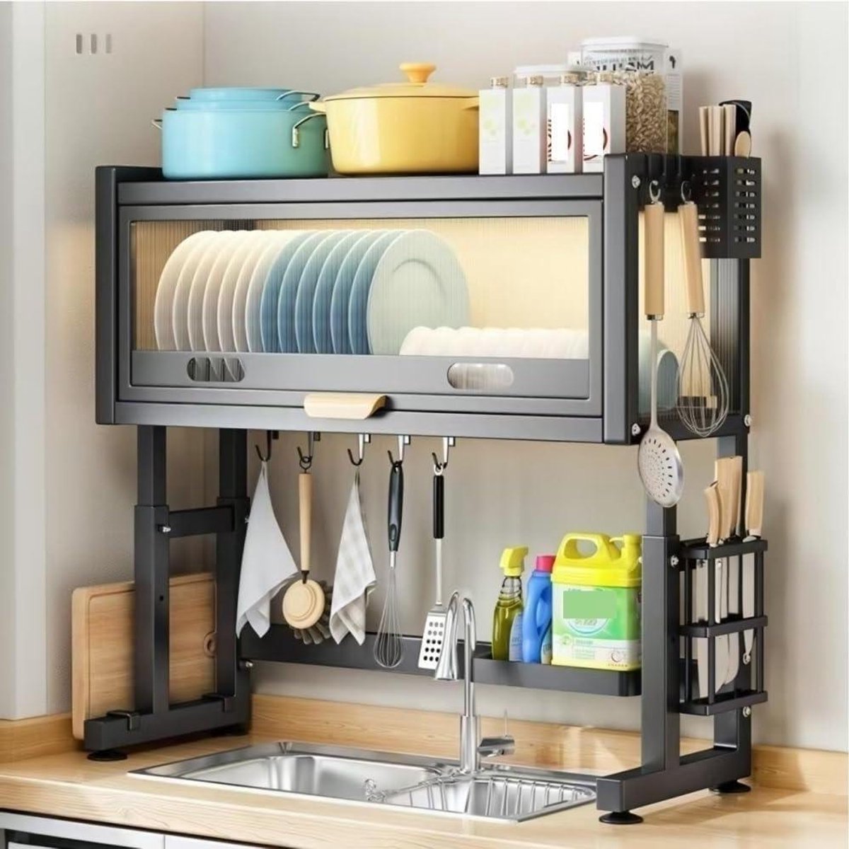 Servieskast boven de gootsteen met klapdeur, afdruiprek boven de gootsteen voor keukenopslag, organizer, klein rek, solide constructie (zwart, 65 cm)