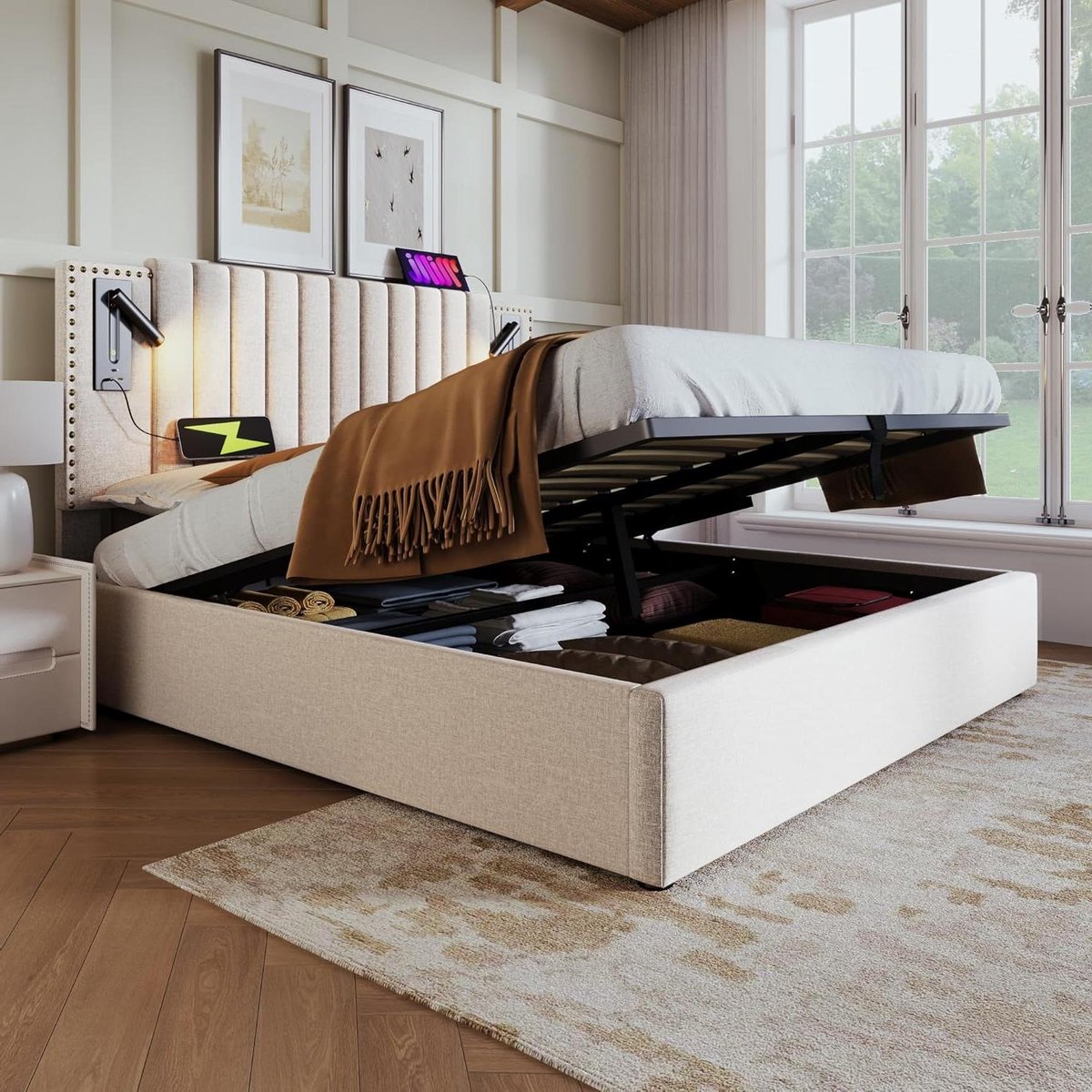 Tweepersoonsbed - Gestoffeerd bed - Opbergen en slapen - Geïntegreerde leeslamp - 140x200c