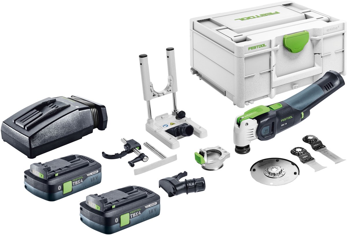 Festool OSC 18 E-Basic-set accu-oscillator 18 V Starlock Max Brushless + 2x accu 4,0 Ah + oplader + 7-delige accessoire-set + Systainer