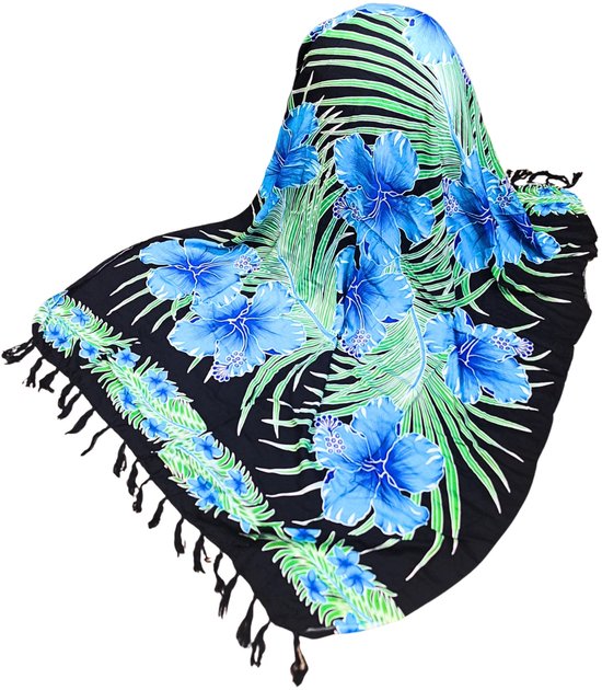 Sarong - 016 - Bloemen blauw van Om Namaste - Pareo Saunadoek Wikkeljurk van Om Namaste — afbeelding 5