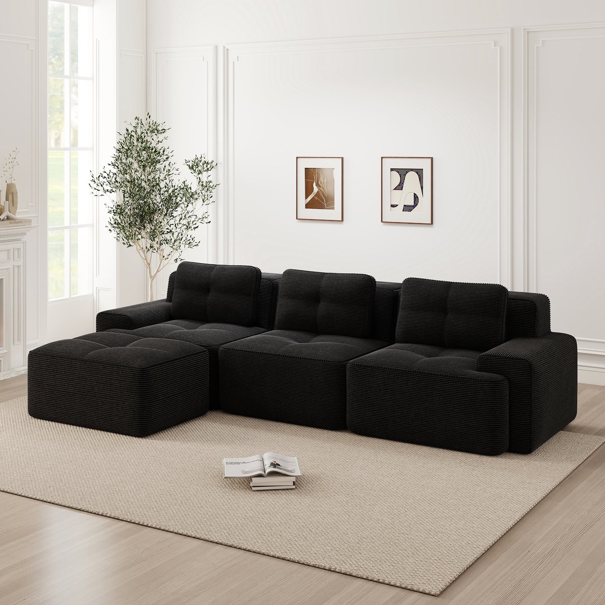 Wishdor Modulaire Hoekbank Met Ottomaan - Diepe Zitting En Montagevrij - Minimalistisch Voor Woonkamer - Ribstof - Zwart - 74 Cm Diepe Zitting