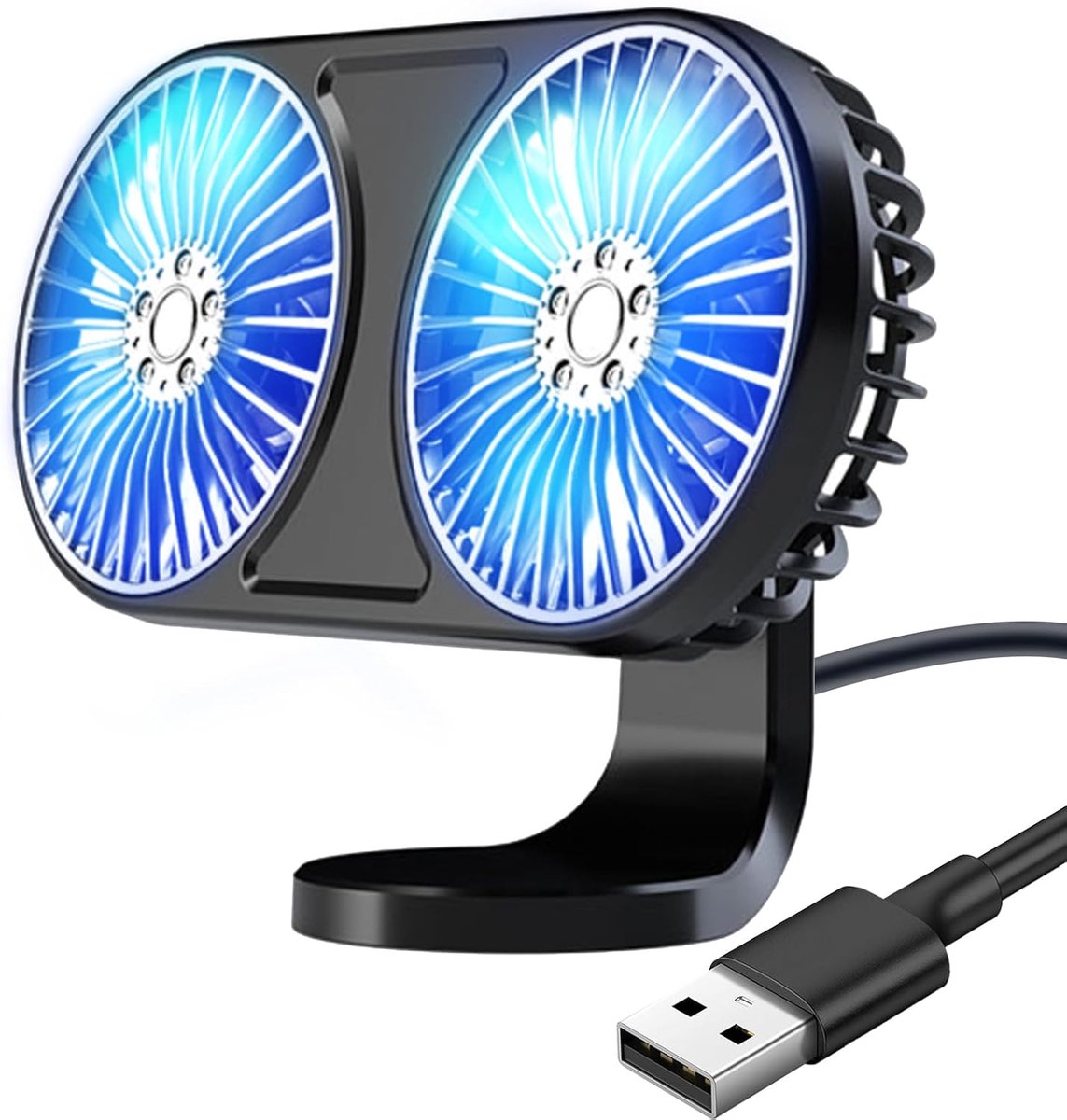 VHV - Auto ventilator - dubbele USB ventilator voor auto - USB aansluiting - 3 snelheden - 360° verstelbaar - met sfeerverlichting - stille werking - voor auto, camper, onderweg en kantoor