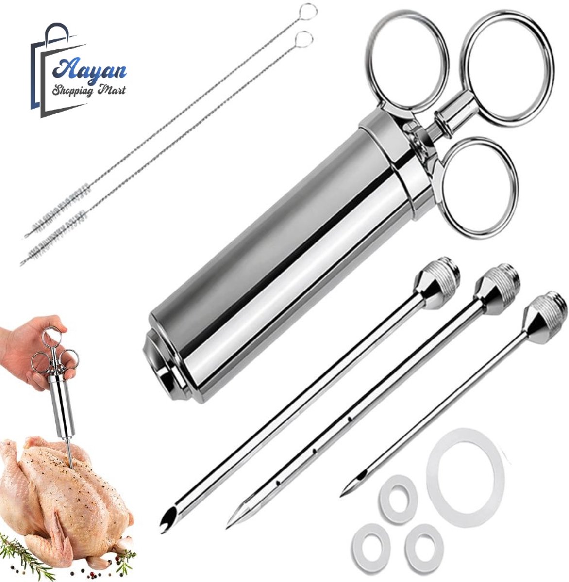 60 ml Vleesinjectiespuit voor Marineren – RVS Injectiespuit met 3 Naalden voor Vlees en Vis – vleesinjectiespuit – marinade spuit – bbq injectiespuit – keuken injectiespuit – marinade injector – kookspruit vlees – 77871
