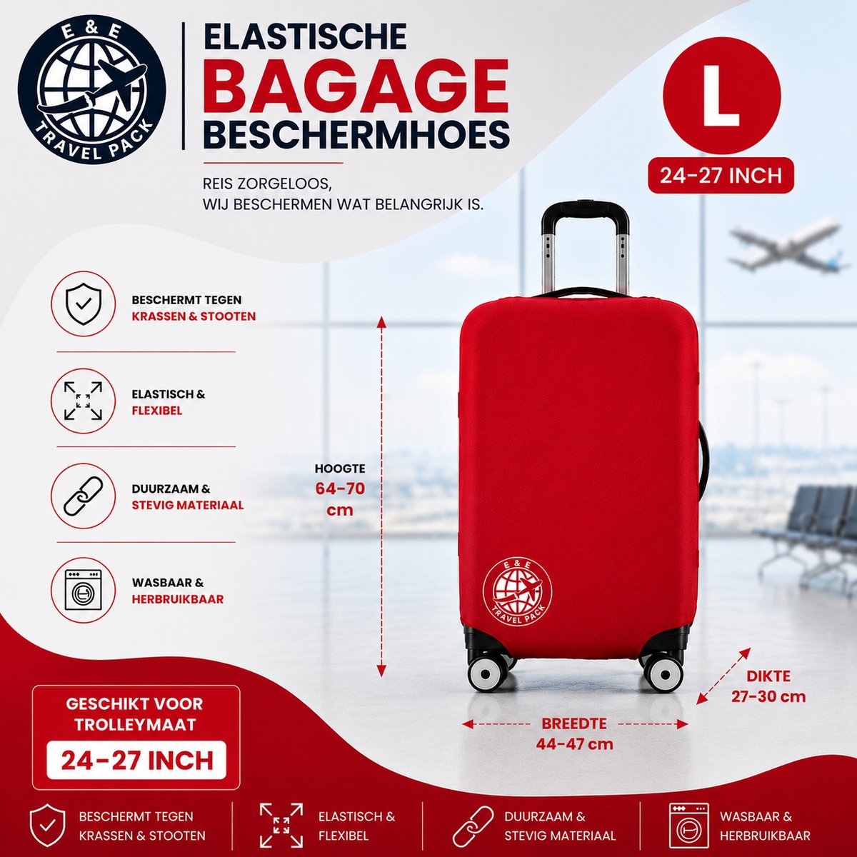 Wasbare Elastische Kofferhoes Bagage Beschermhoes Maat L-28 inch- E&E Travel Pack-Reiskofferhoes, Trolley, Protector Cover Kofferhoes, bagagehoes, bagagehoes, vakantie, reizen beschermhoes, koffer (28 inch), vliegtuig Travel ROOD/BLAUW