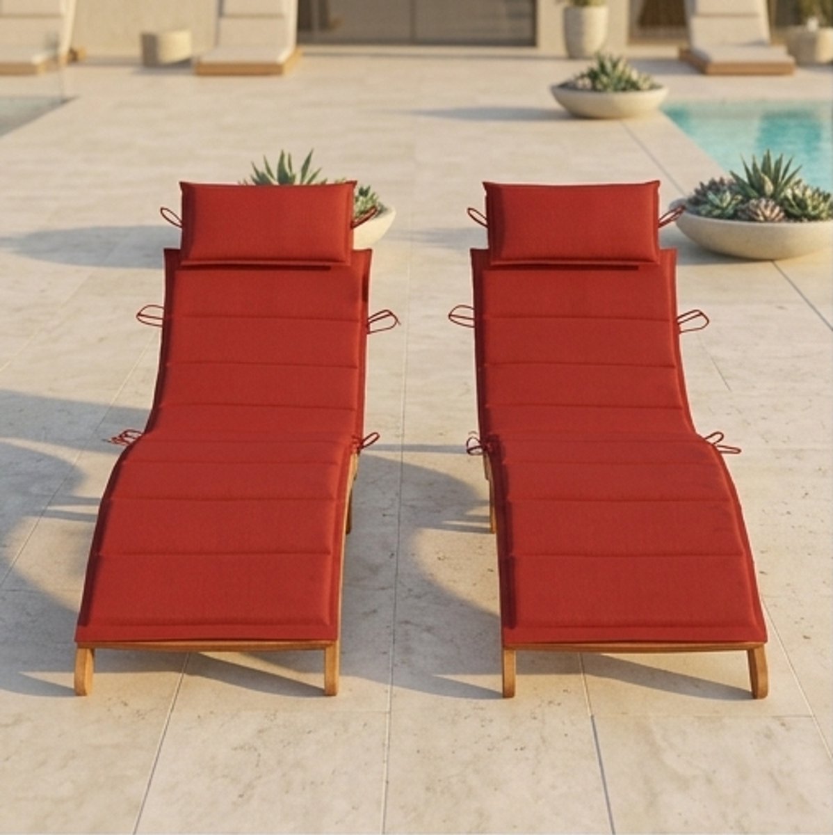 Luxe Acacia Houten Sun Lounger Set 2-Persoons met Kussens – Verstelbare Tuinligbedden Set met Bijzettafel – Premium Outdoor Ligstoelen voor Tuin, Terras & Zwembad - IndustroHome