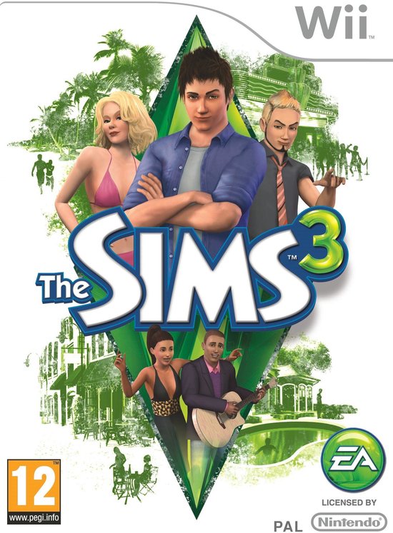 La jaquette de The Sims 3 pour la Wii, avec sept Sims et le logo.