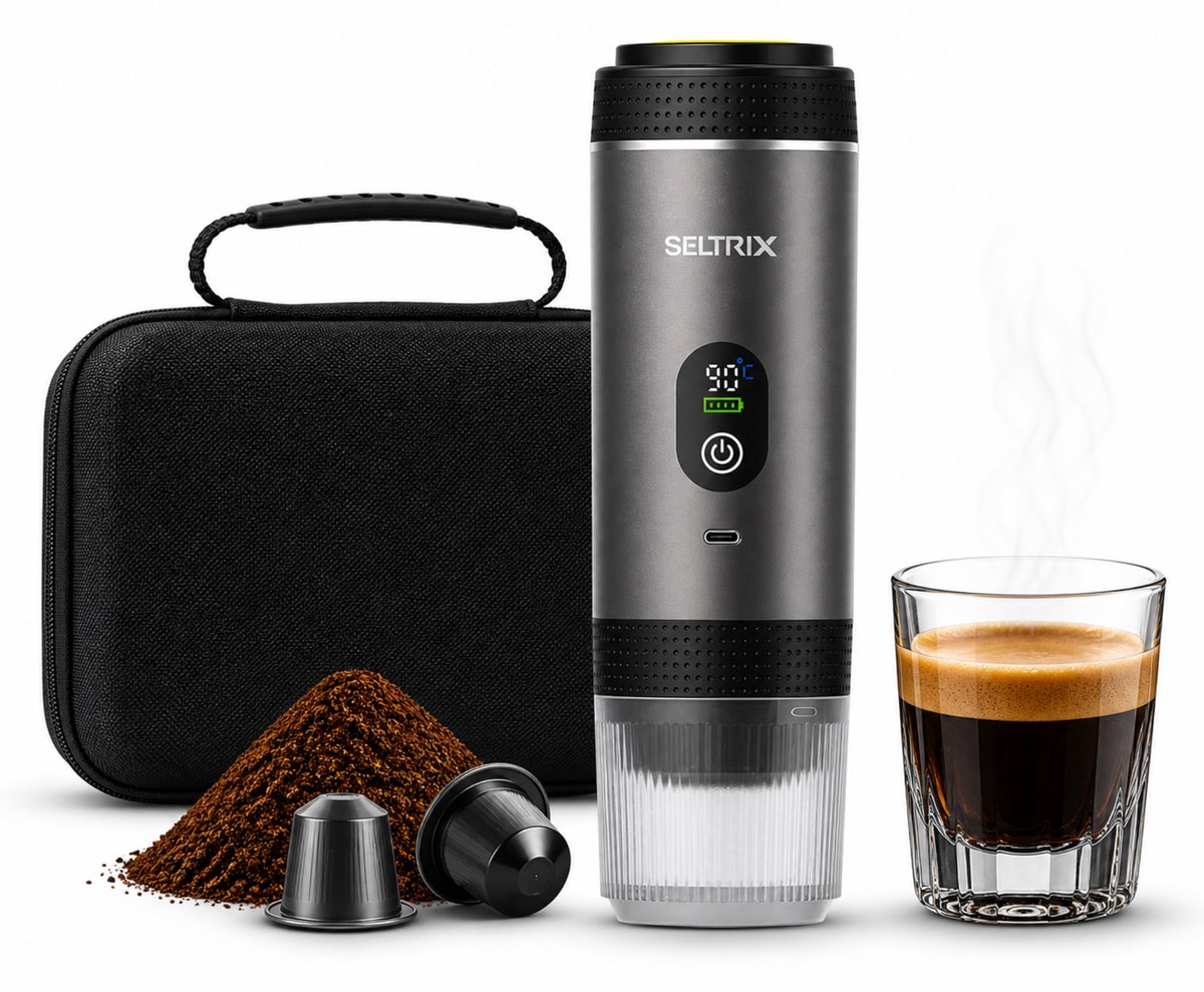 Draagbare Koffiemachine - 20 Bar - Espressomaker voor Onderweg - Inclusief Beschermhoes - 150 ml - 7500 mAh Oplaadbaar - Draagbaar koffiezetapparaat - Cups & Gemalen Koffie - Camping & Reizen - Espresso & Lungo - Seltrix - Grijs
