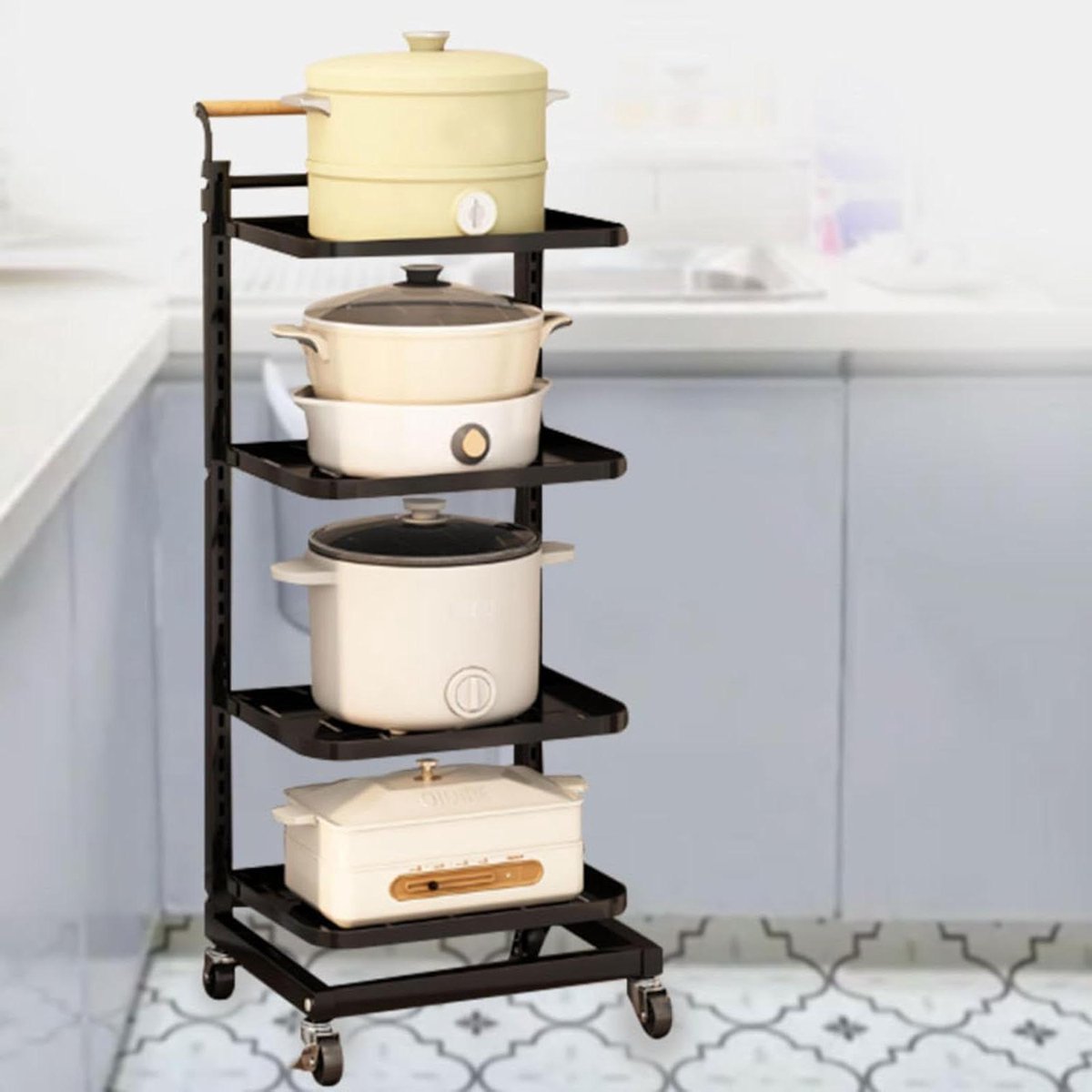 Opbergwagen Keuken - Rolcontainer Trolley - Keuken Organizer - Mesh Ventilatie - 4 Planken - Zwart
