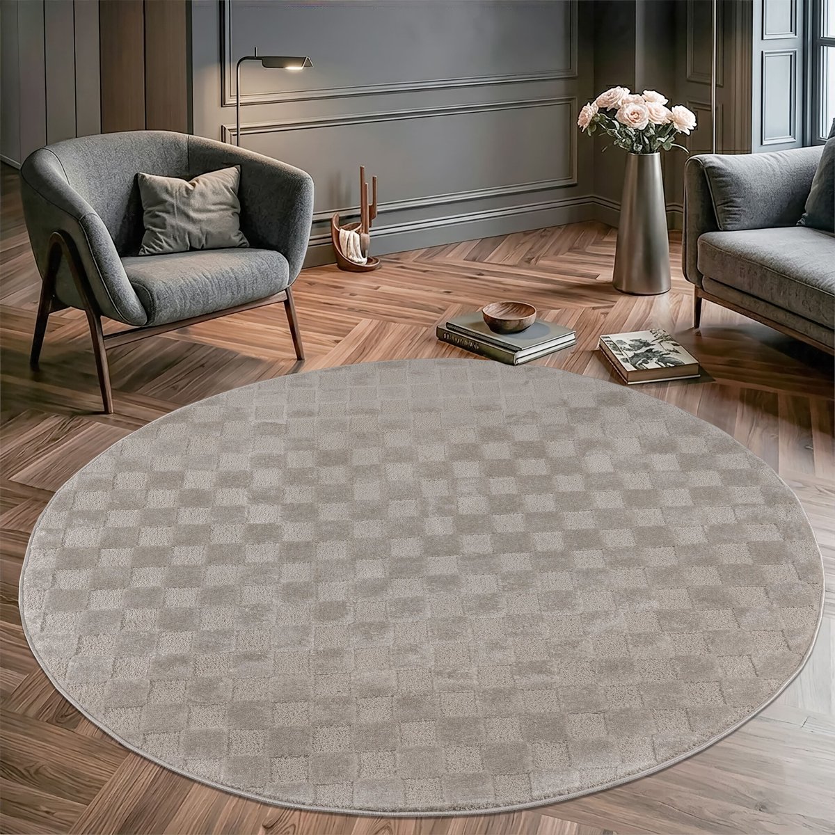 Muratap Vivant Chesterfield - Rond Vloerkleed Laagpolig Effen - Beige- 160 CM Ø
