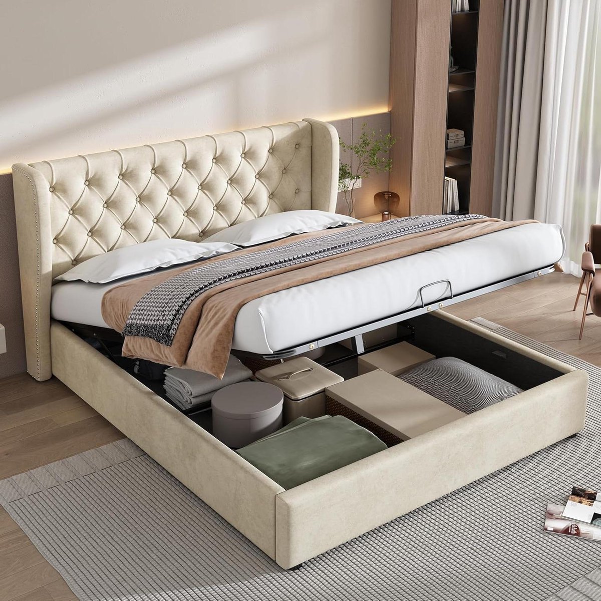 Gestoffeerd Bed - Opbergbed - Slaapkamer - Hydraulisch Opbergsysteem - 140 x 200 cm - Beige