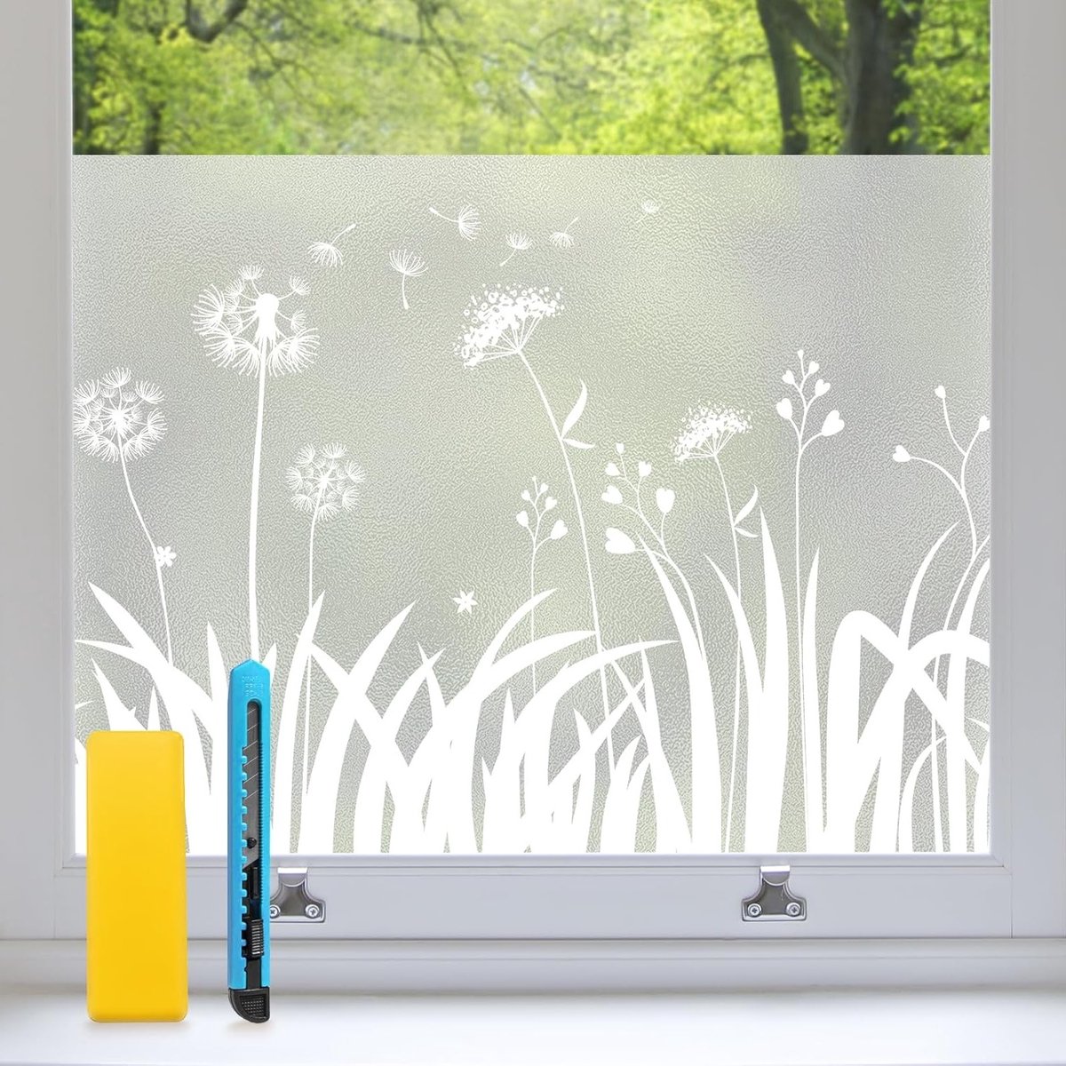 Privacyfolie voor ramen 90 x 200 cm met gras, paardenbloemen en vlinders - Anti-UV, mat en