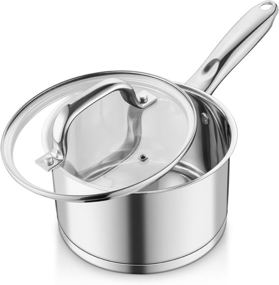 RVS Melkpan met Glazen Deksel, 14 cm, 0.9 L, Geschikt voor Inductie, Gezond en Vaatwasserbestendig, 3-laags Bodem