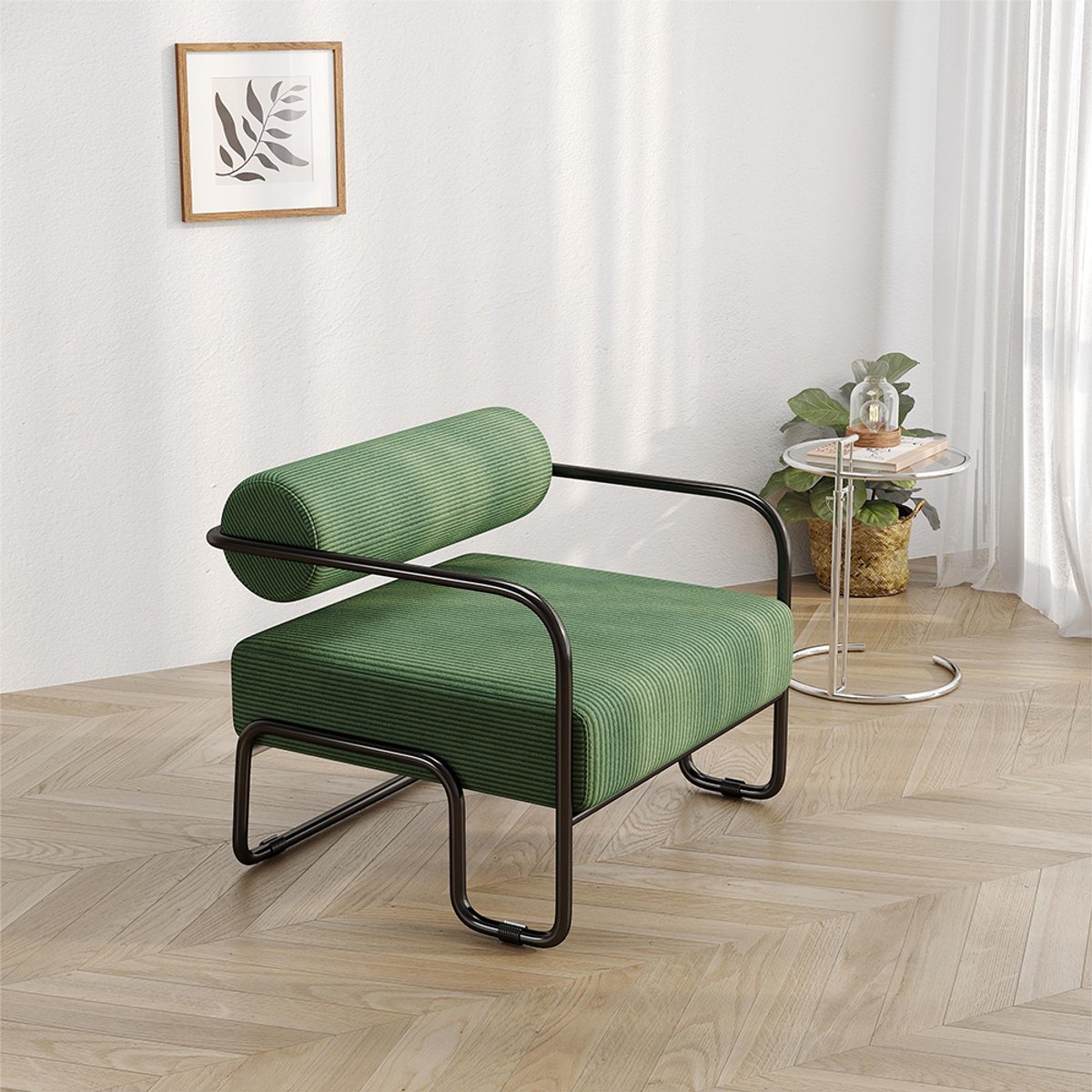 BLACKCOLORS Moderne loungestoel met stijlvolle rugleuning 68,5×73×70,5 cm – Bekleding van zacht corduroy & zwart metalen frame. Minimalistisch design voor woonkamer, slaapkamer of kantoor