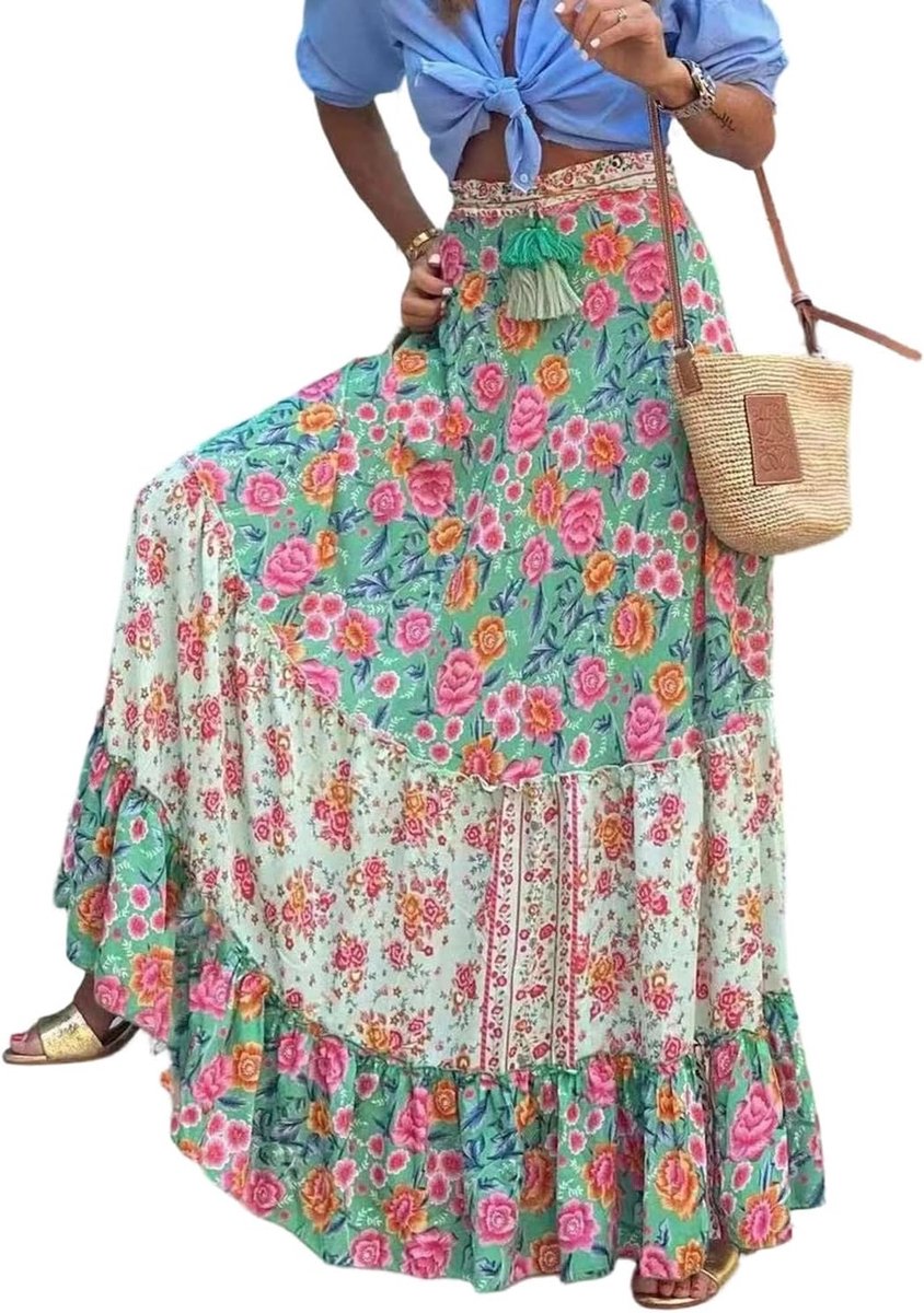 Zomerse Maxi Rok voor Vrouwen, Boho A-lijn, Hoge Taille, Elastisch, Gedrukt, Strandmode, Casual en Chic Stijl