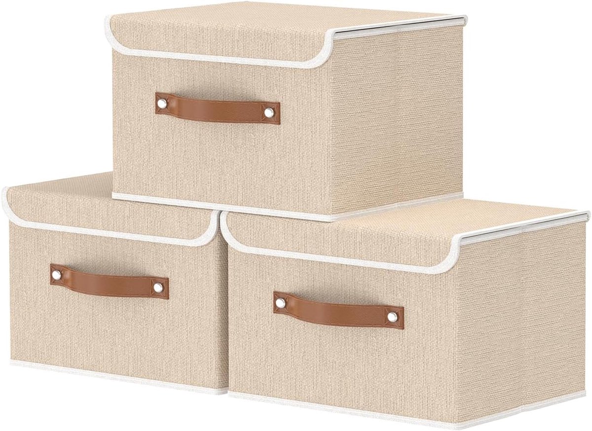 JeiibrZui 3 Stuks Opbergmanden met Deksel - 26x20x17cm - Beige